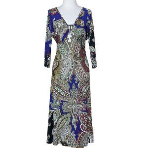 Just Cavalli Midi Dress Size 44 Long Sleeves V-neck Stretch Vintage Paisley